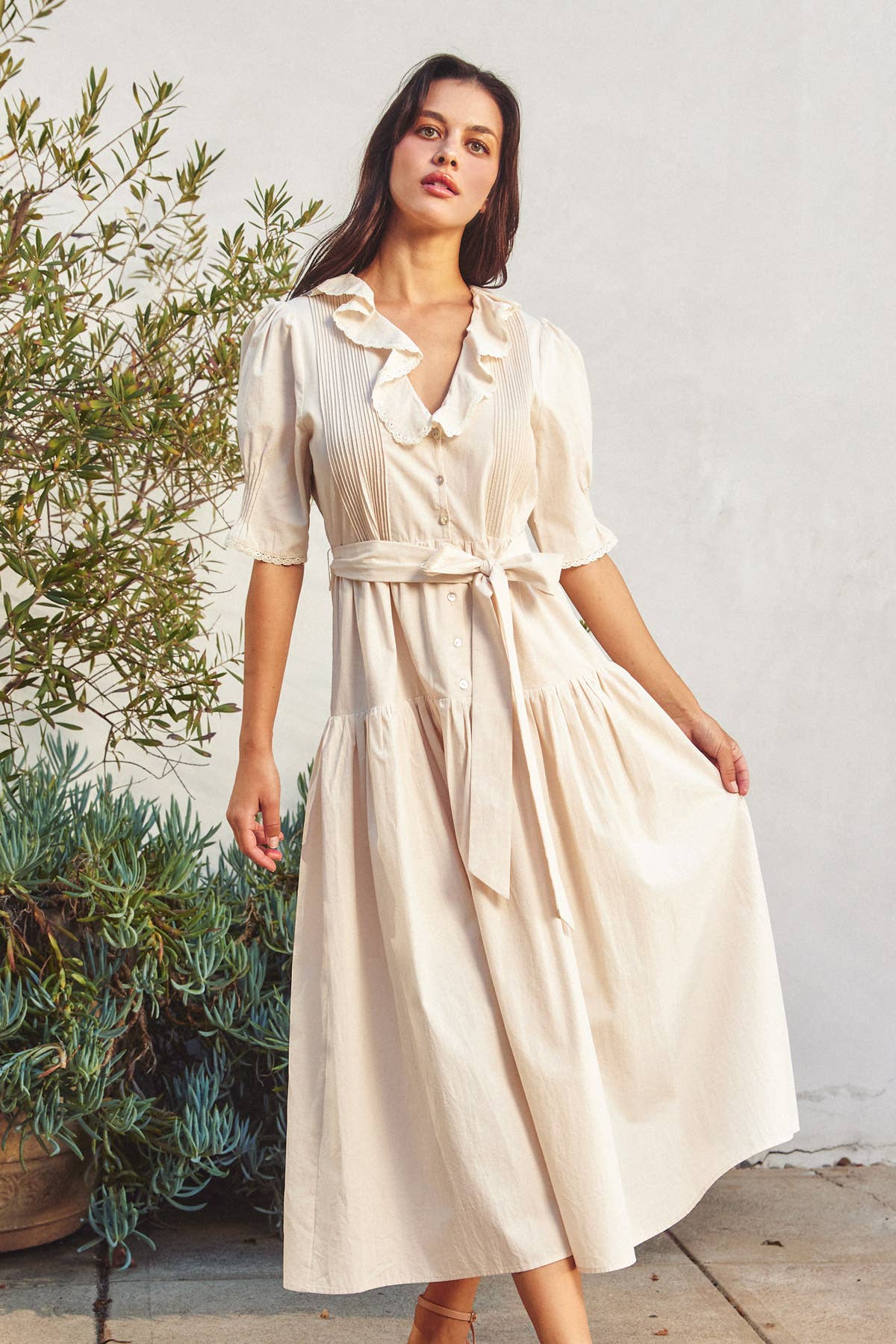 Poet Cotton Ruffle Neck Button Down Dress - P I C N I C