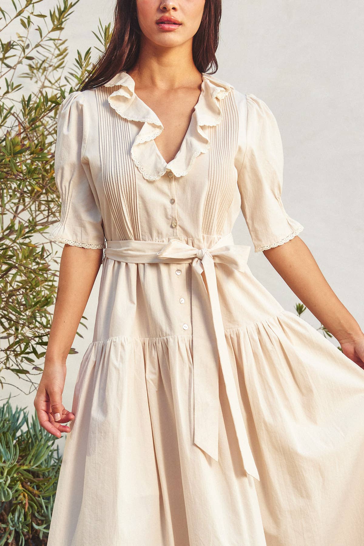 Poet Cotton Ruffle Neck Button Down Dress - P I C N I C